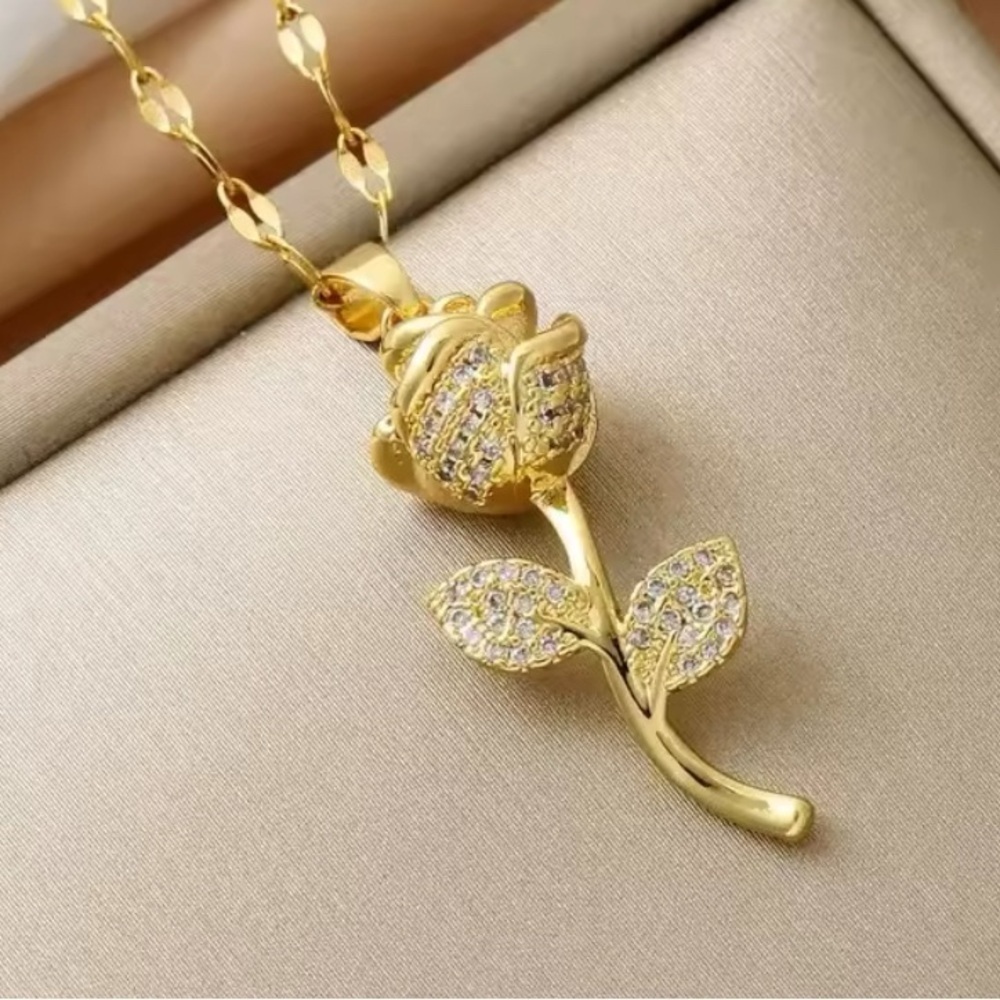 18K Gold Rose Flower Long Stem With Pave Diamond Inlay Pendant Necklace